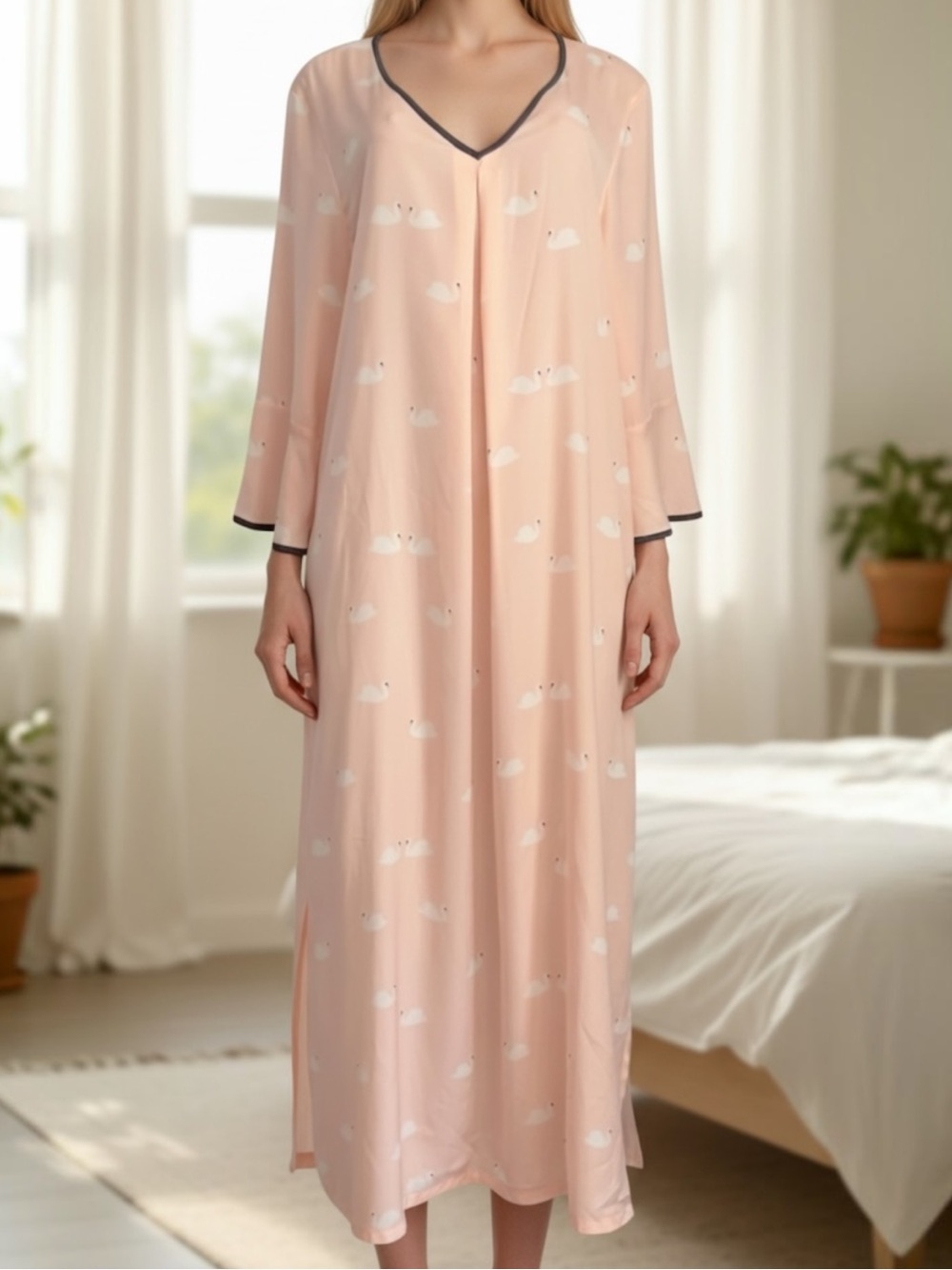 Kate Spade New York Pink Swan Print Caftan Maxi Nightgown Lounge Dress